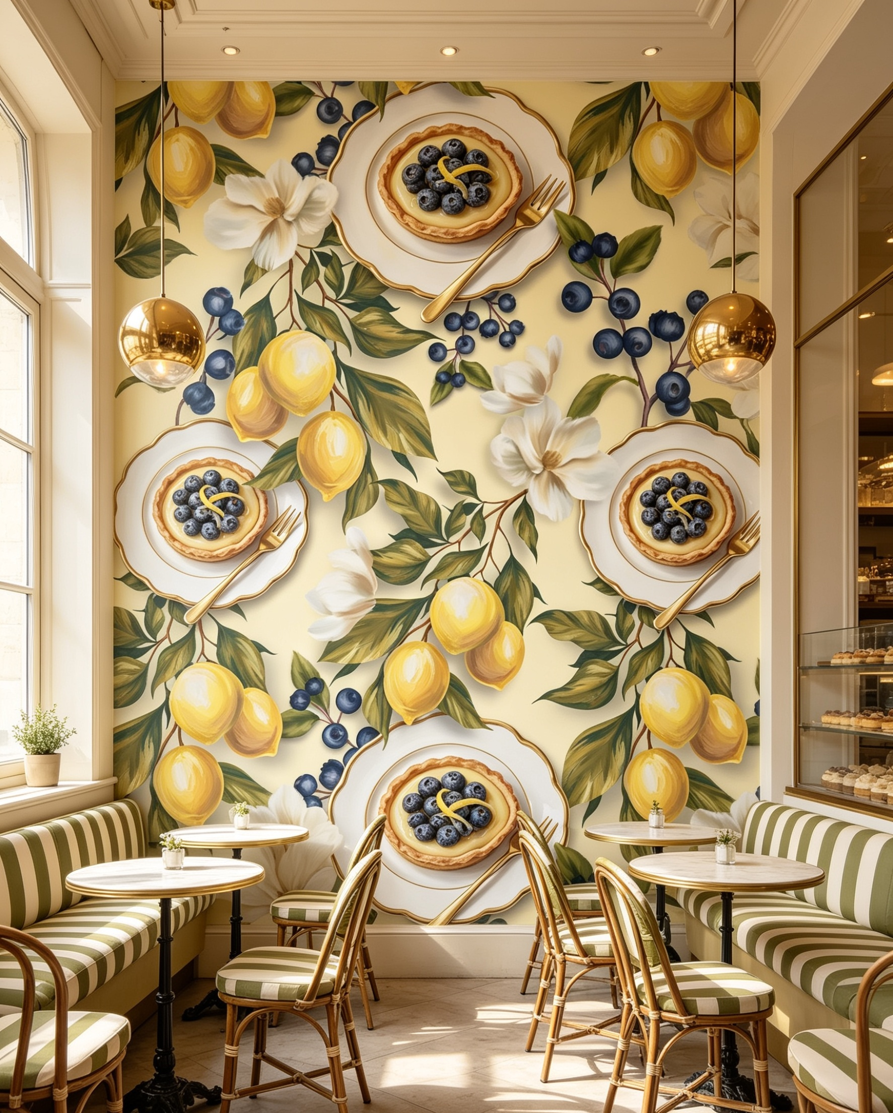 A cafe interior featuring a large wall mural with a repeating pattern of lemon tart plates, lemons, blueberries, and white flowers on a cream background. The cafe has green-and-white striped benches, wooden chairs, and hanging gold pendant lights.